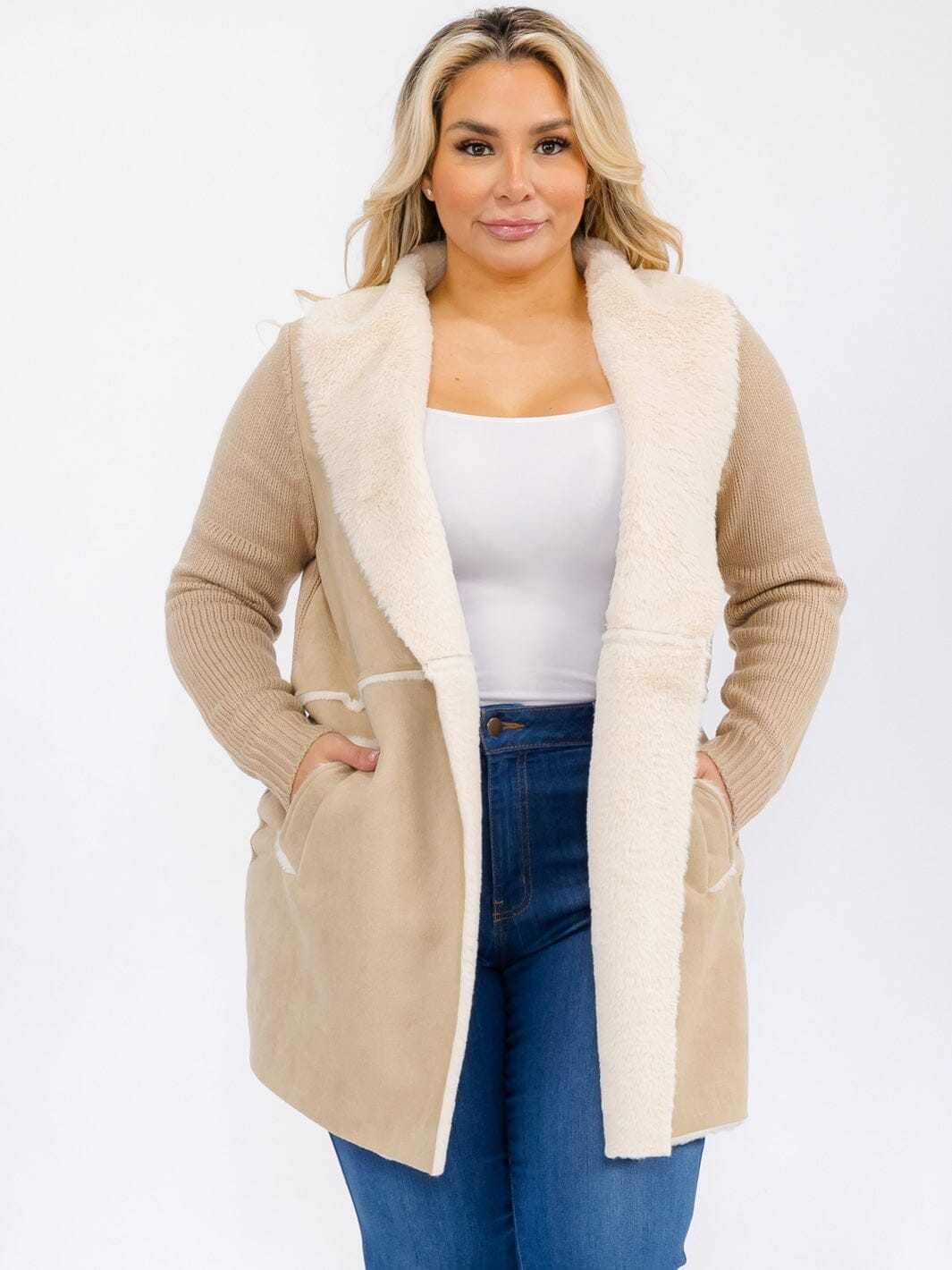 PLUS SIZE LONG SLEEVE OPEN FRONT POCKETS SHEPA COAT