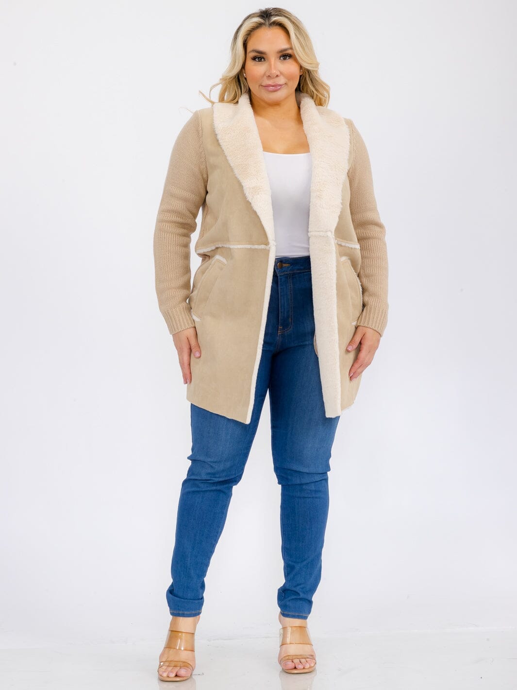 PLUS SIZE LONG SLEEVE OPEN FRONT POCKETS SHEPA COAT