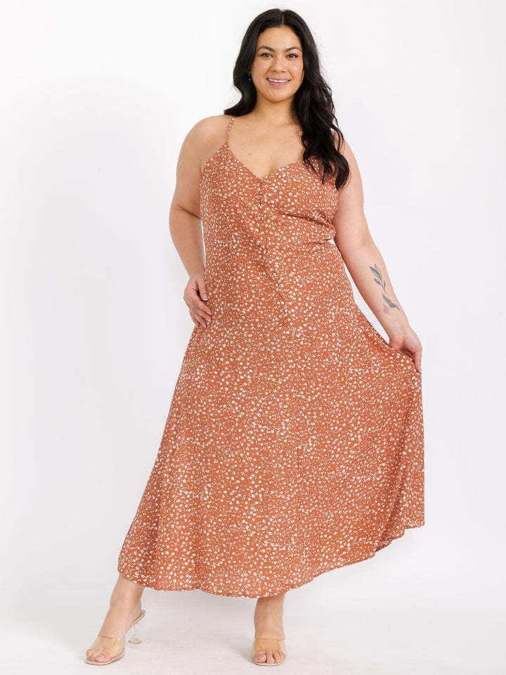 PLUS SIZE SLEEVELESS V-NECK BUTTON UP FLORAL MAXI DRESS
