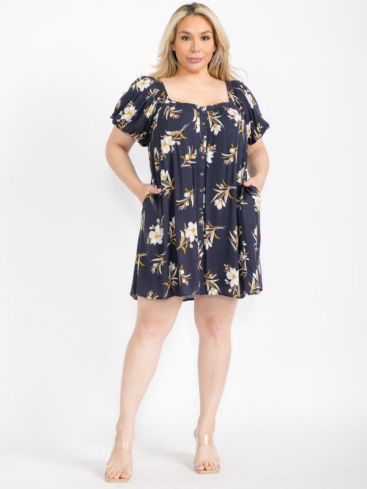 PLUS SIZE SHORT SLEEVE FRONT POCKETS FLORAL MINI DRESS