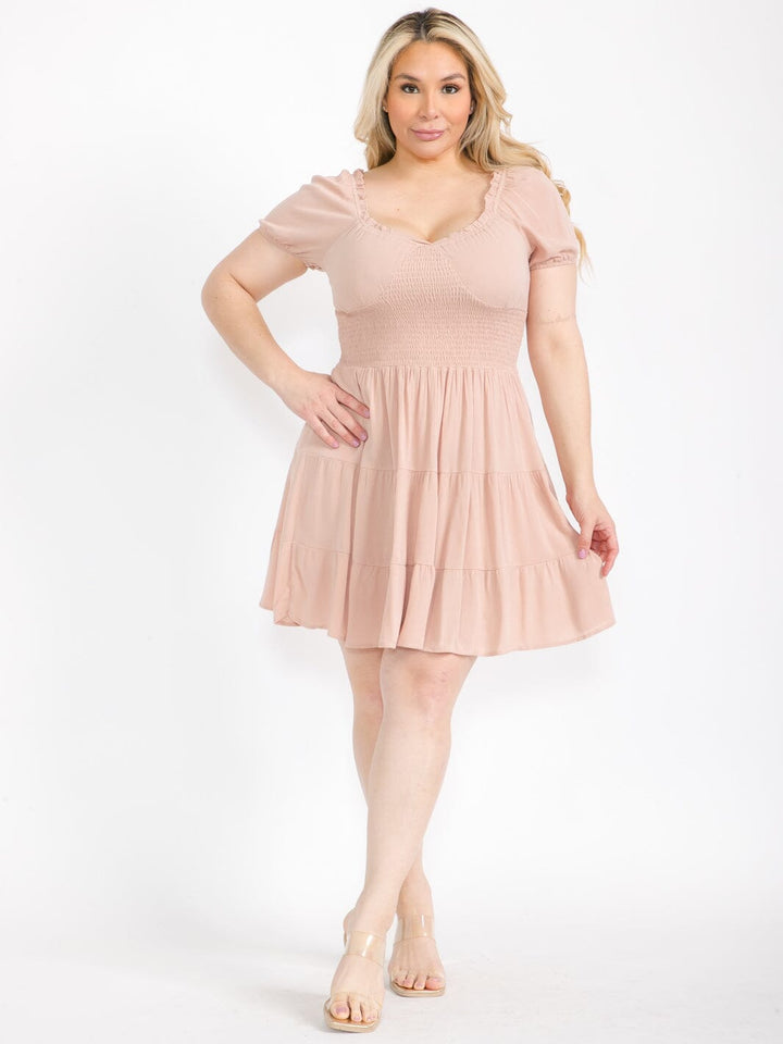 PLUS SIZE SHORT SLEEVE SMOCK FIT & FLARE MINI DRESS