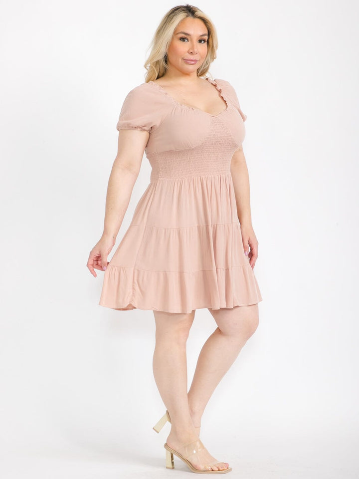 PLUS SIZE SHORT SLEEVE SMOCK FIT & FLARE MINI DRESS
