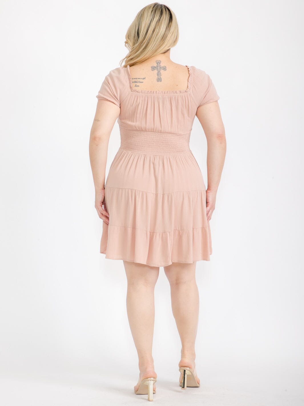 PLUS SIZE SHORT SLEEVE SMOCK FIT & FLARE MINI DRESS