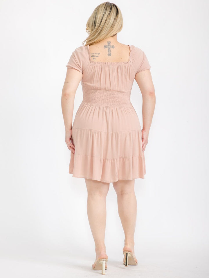 PLUS SIZE SHORT SLEEVE SMOCK FIT & FLARE MINI DRESS