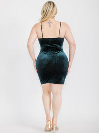 PLUS SIZE SLEEVELESS FRONT BOW SHIMMER VELVET BODYCON MINI DRESS