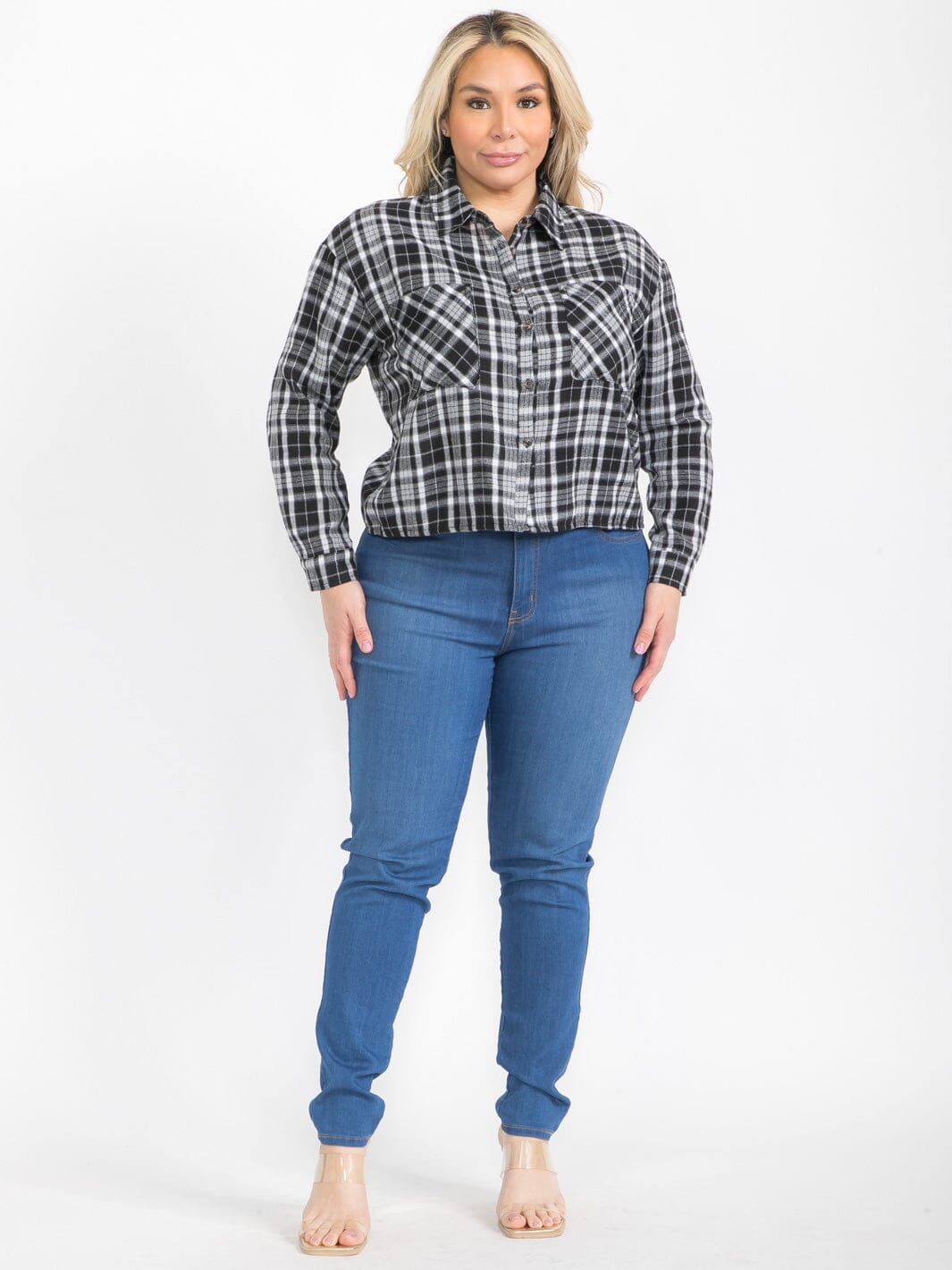 PLUS SIZE LONG SLEEVE BUTTON UP FRONT POCKETS PLAID TOP