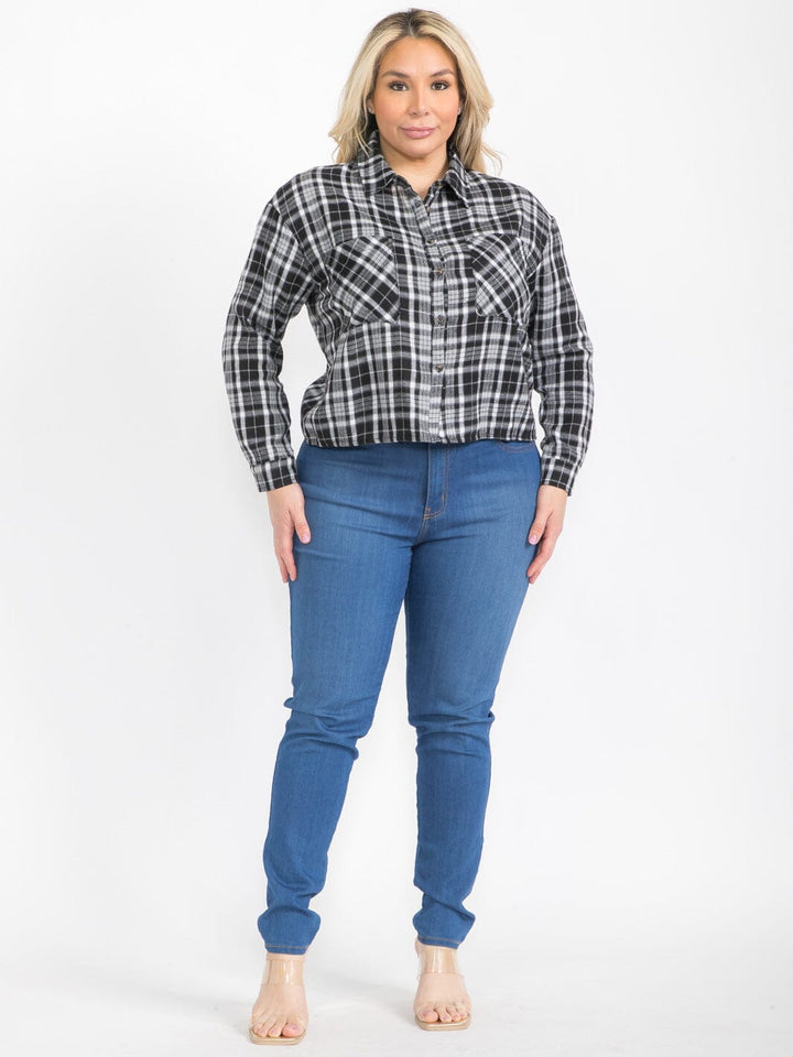 PLUS SIZE LONG SLEEVE BUTTON UP FRONT POCKETS PLAID TOP