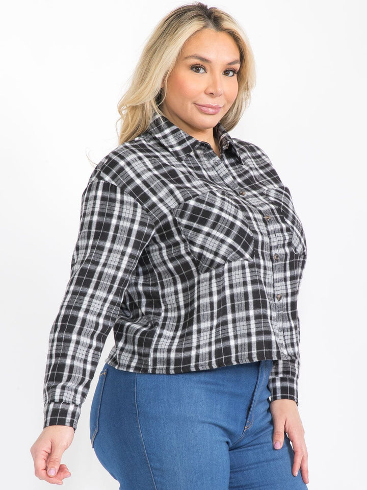 PLUS SIZE LONG SLEEVE BUTTON UP FRONT POCKETS PLAID TOP