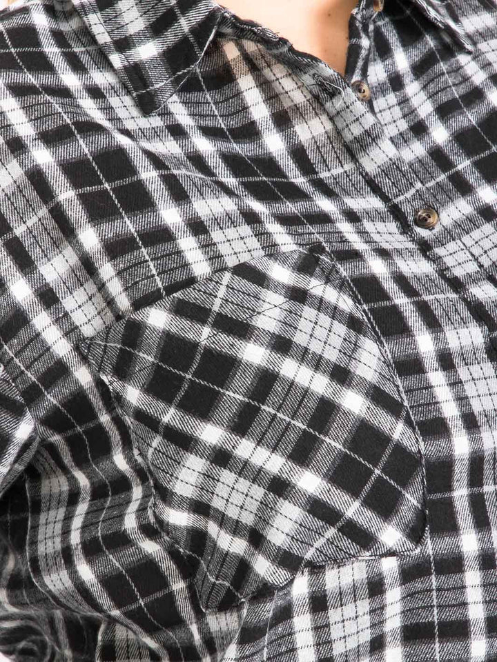 PLUS SIZE LONG SLEEVE BUTTON UP FRONT POCKETS PLAID TOP