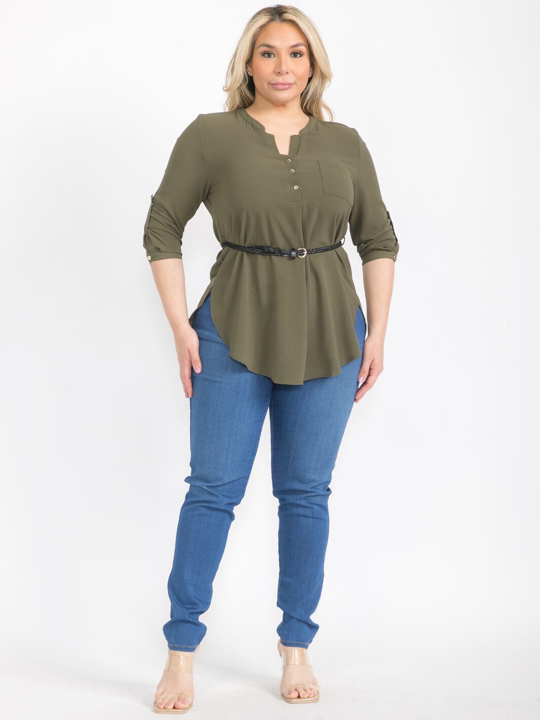 PLUS SIZE 3/4 SLEEVELESS BUTTON UP BELTED TUNIC BLOUSE