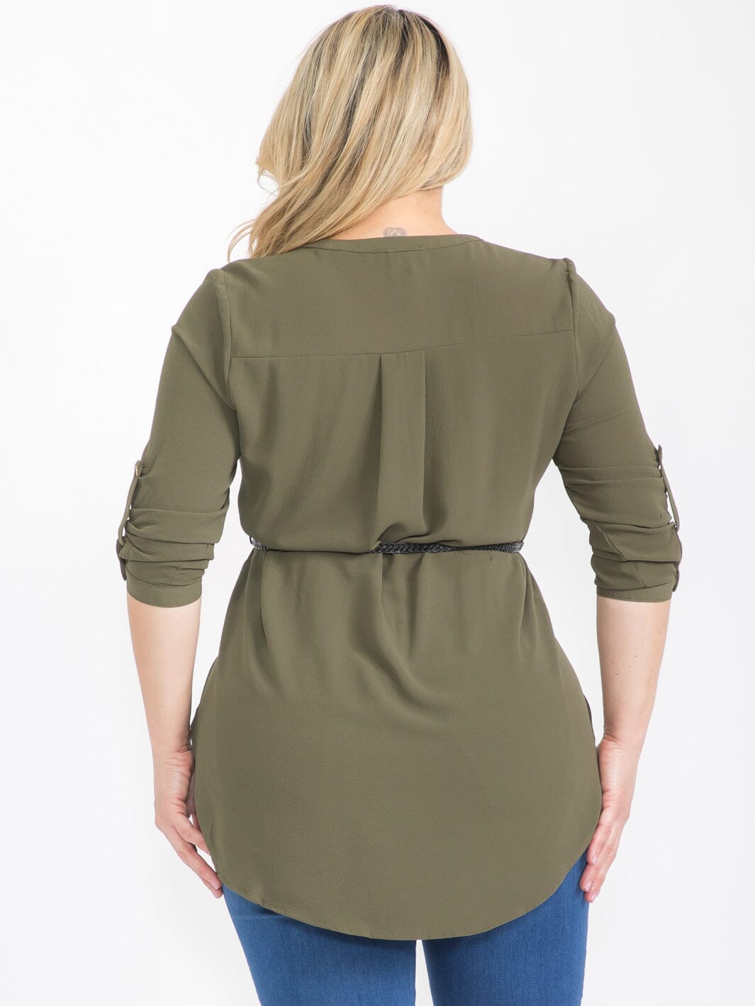 PLUS SIZE 3/4 SLEEVELESS BUTTON UP BELTED TUNIC BLOUSE