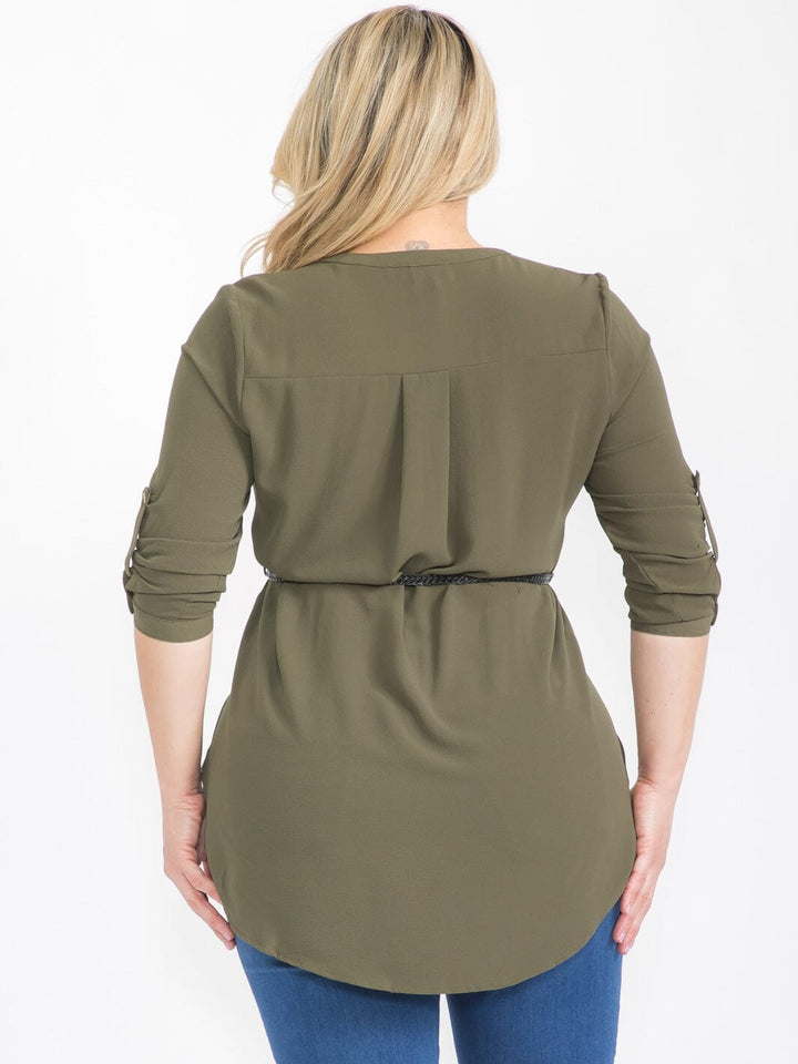 PLUS SIZE 3/4 SLEEVELESS BUTTON UP BELTED TUNIC BLOUSE