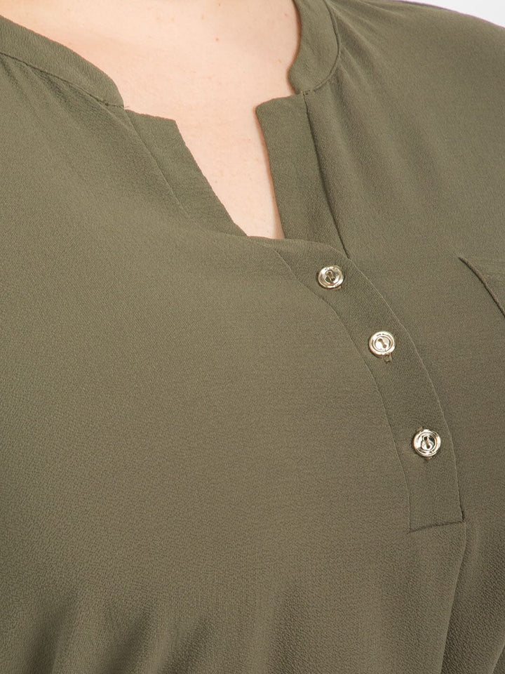 PLUS SIZE 3/4 SLEEVELESS BUTTON UP BELTED TUNIC BLOUSE