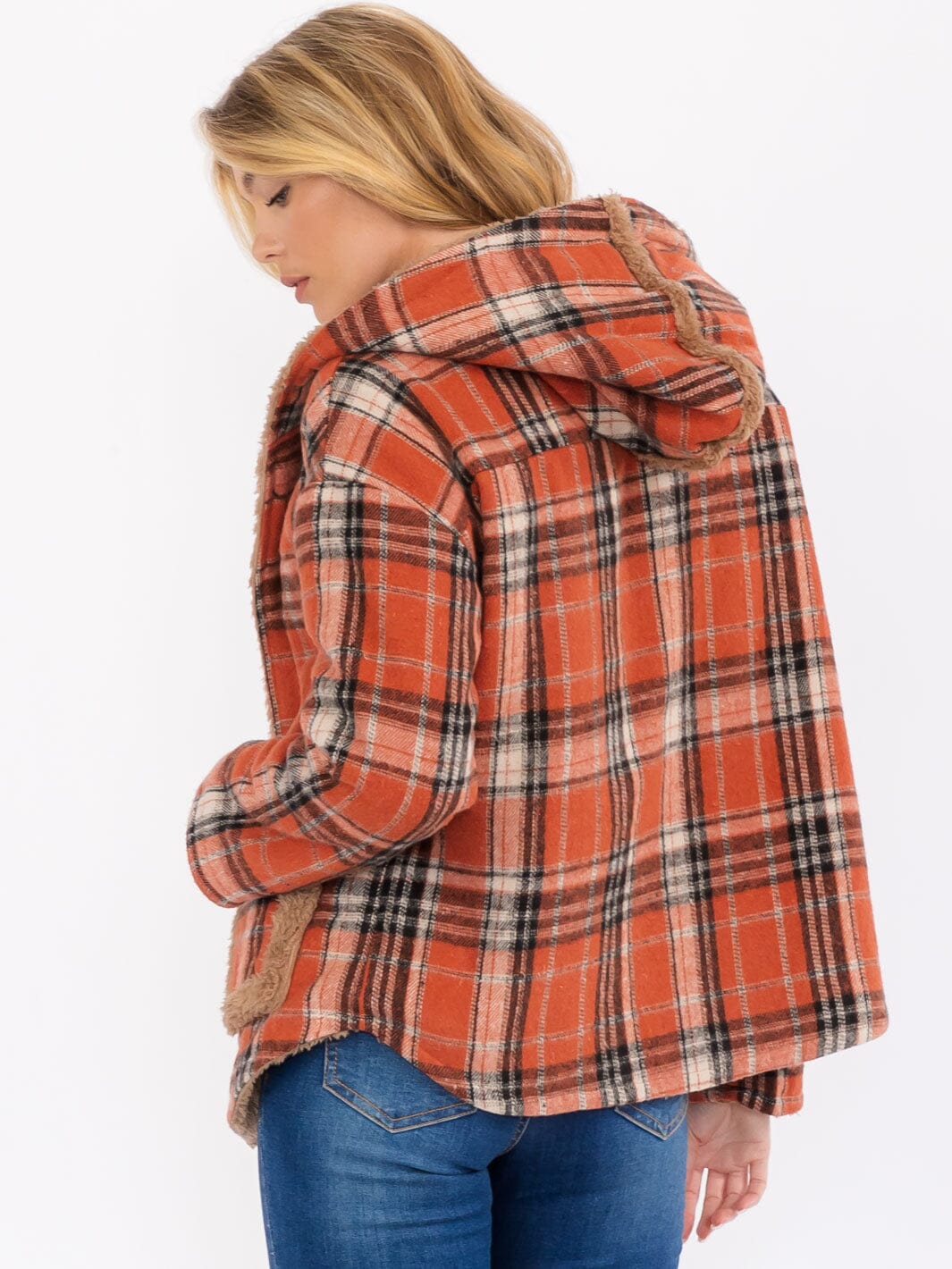 WOMEN'S LONG SLEEVE OPEN FRONT HOODED PLAID SHERPA JACKET