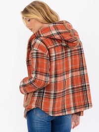 WOMEN'S LONG SLEEVE OPEN FRONT HOODED PLAID SHERPA JACKET