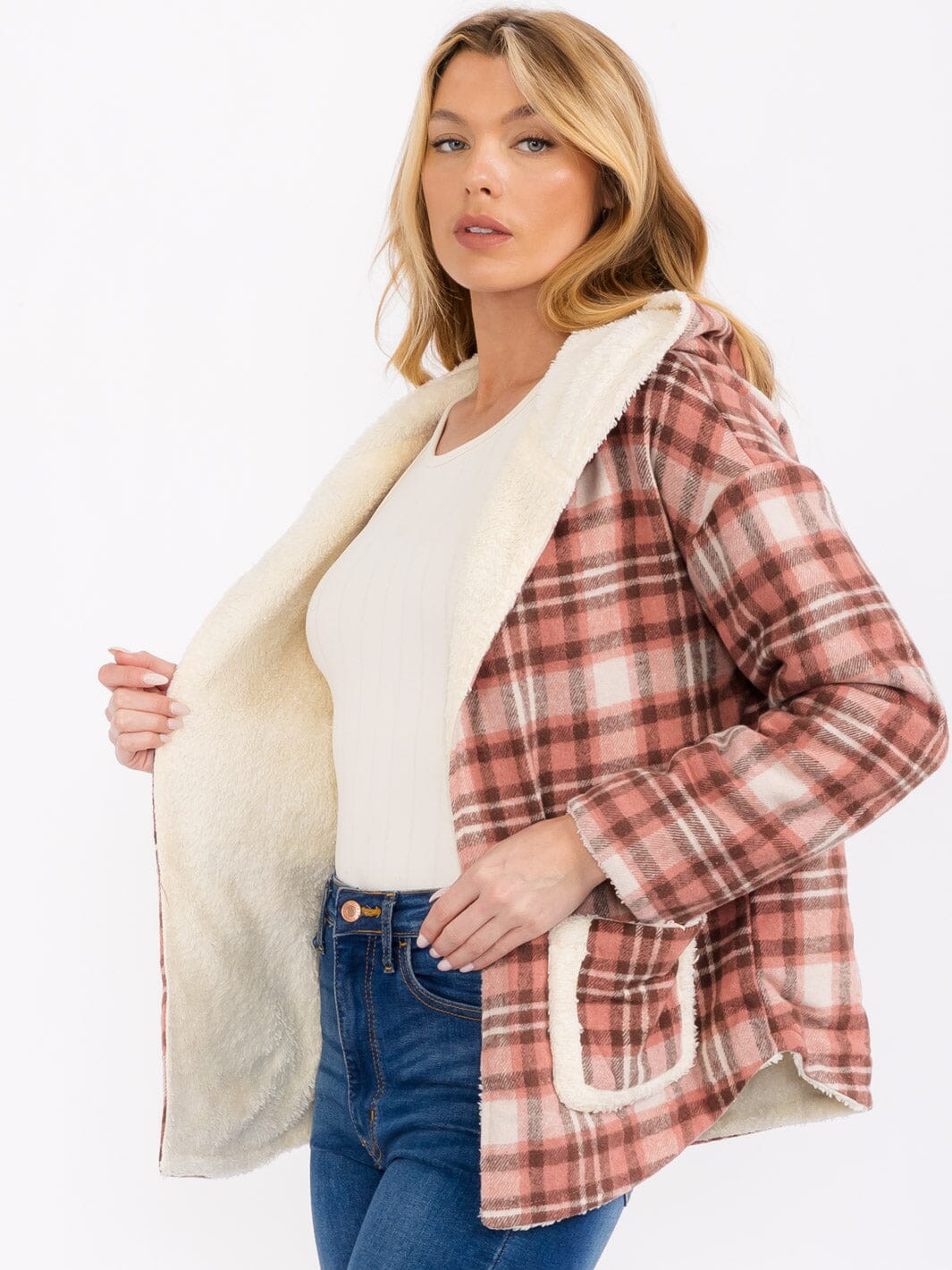 WOMEN'S LONG SLEEVE OPEN FRONT HOODED PLAID SHERPA JACKET