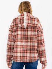 WOMEN'S LONG SLEEVE OPEN FRONT HOODED PLAID SHERPA JACKET