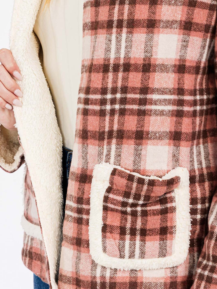 WOMEN'S LONG SLEEVE OPEN FRONT HOODED PLAID SHERPA JACKET