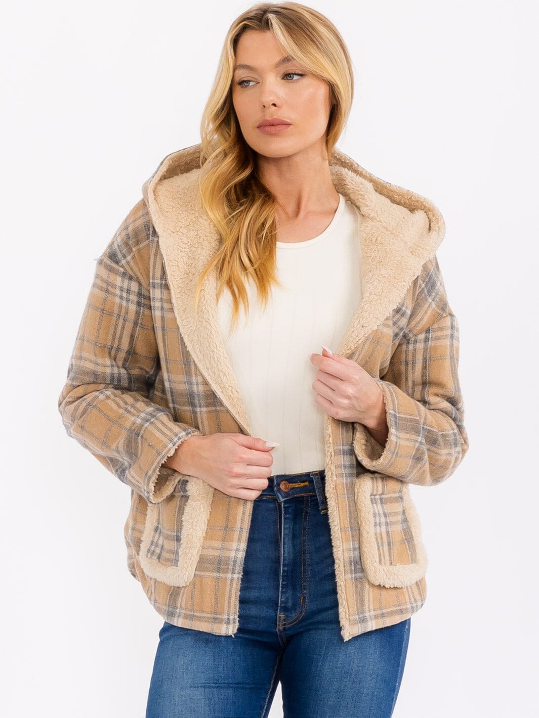 WOMEN'S LONG SLEEVE OPEN FRONT HOODED PLAID SHERPA JACKET