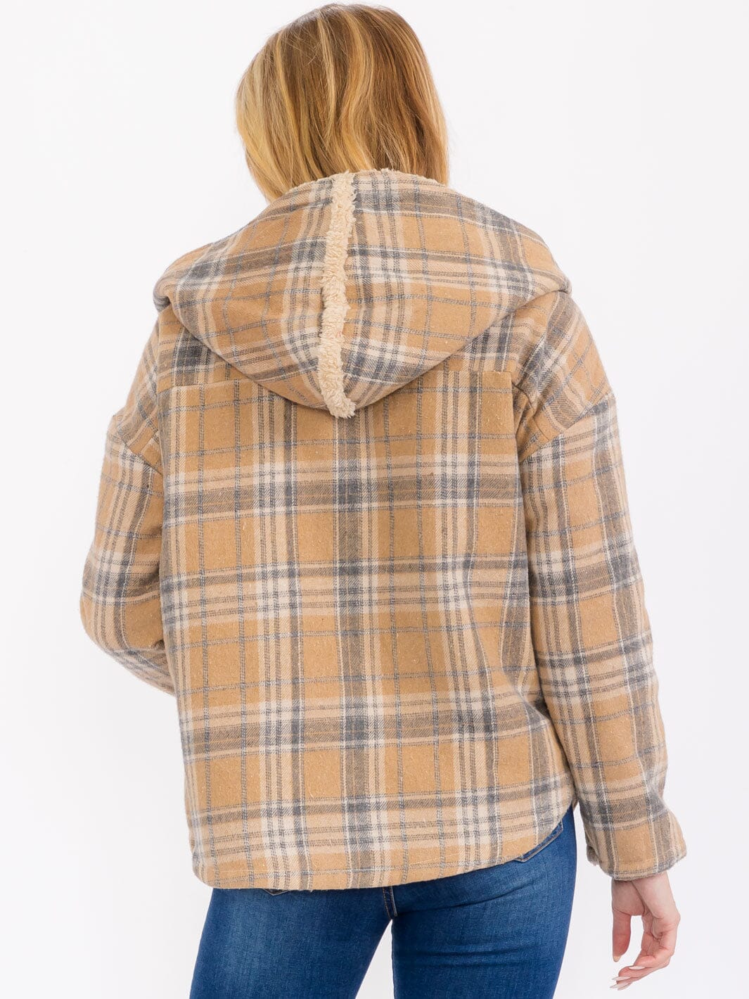WOMEN'S LONG SLEEVE OPEN FRONT HOODED PLAID SHERPA JACKET