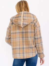 WOMEN'S LONG SLEEVE OPEN FRONT HOODED PLAID SHERPA JACKET