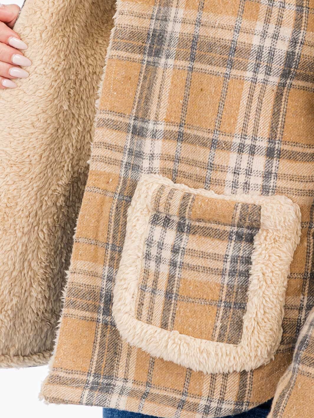WOMEN'S LONG SLEEVE OPEN FRONT HOODED PLAID SHERPA JACKET