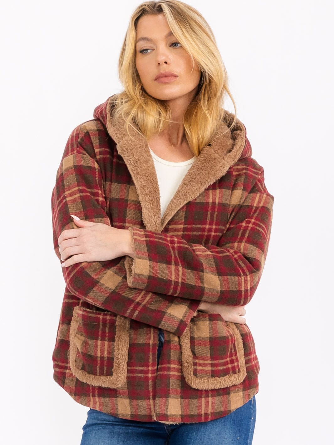 WOMEN'S LONG SLEEVE OPEN FRONT HOODED PLAID SHERPA JACKET
