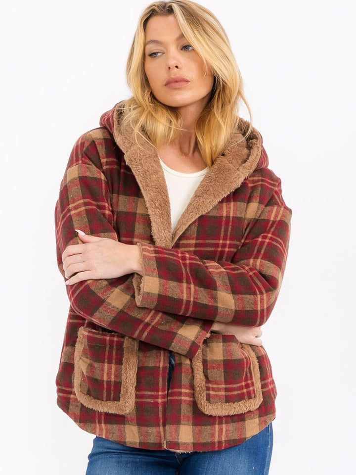 WOMEN'S LONG SLEEVE OPEN FRONT HOODED PLAID SHERPA JACKET