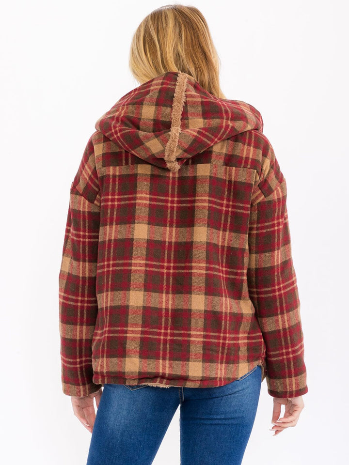 WOMEN'S LONG SLEEVE OPEN FRONT HOODED PLAID SHERPA JACKET