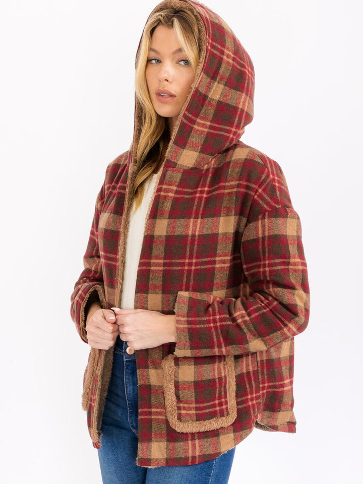 WOMEN'S LONG SLEEVE OPEN FRONT HOODED PLAID SHERPA JACKET