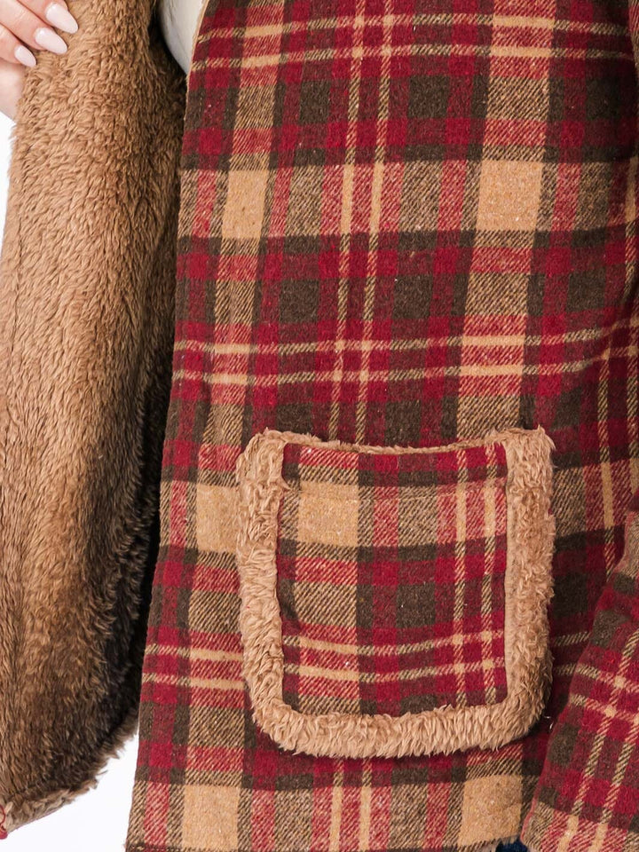 WOMEN'S LONG SLEEVE OPEN FRONT HOODED PLAID SHERPA JACKET