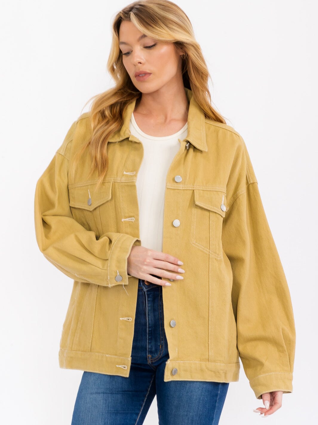 WOMEN'S LONG SLEEVE FRONT POCKET BUTTON UP DENIM JACKET