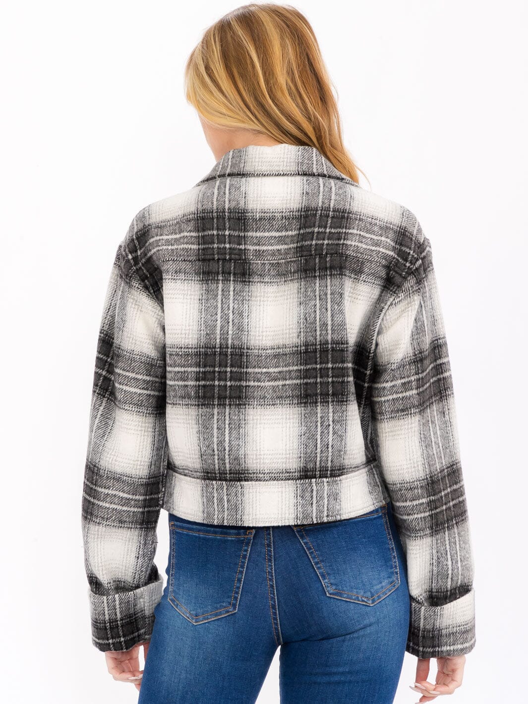 WOMEN'S LONG SLEEVE BUTTON CLOSURE FRONT POCKETS PLAID JACKET