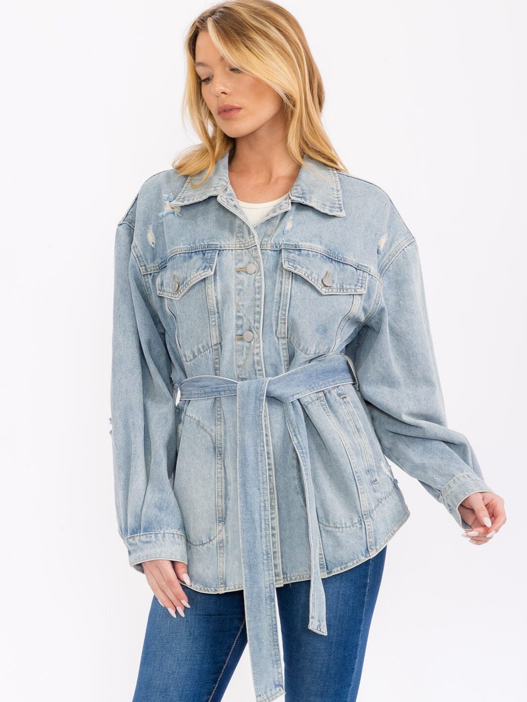 WOMEN'S LONG SLEEVE BUTTON CLOSURE SELF TIE DENIM JACKET
