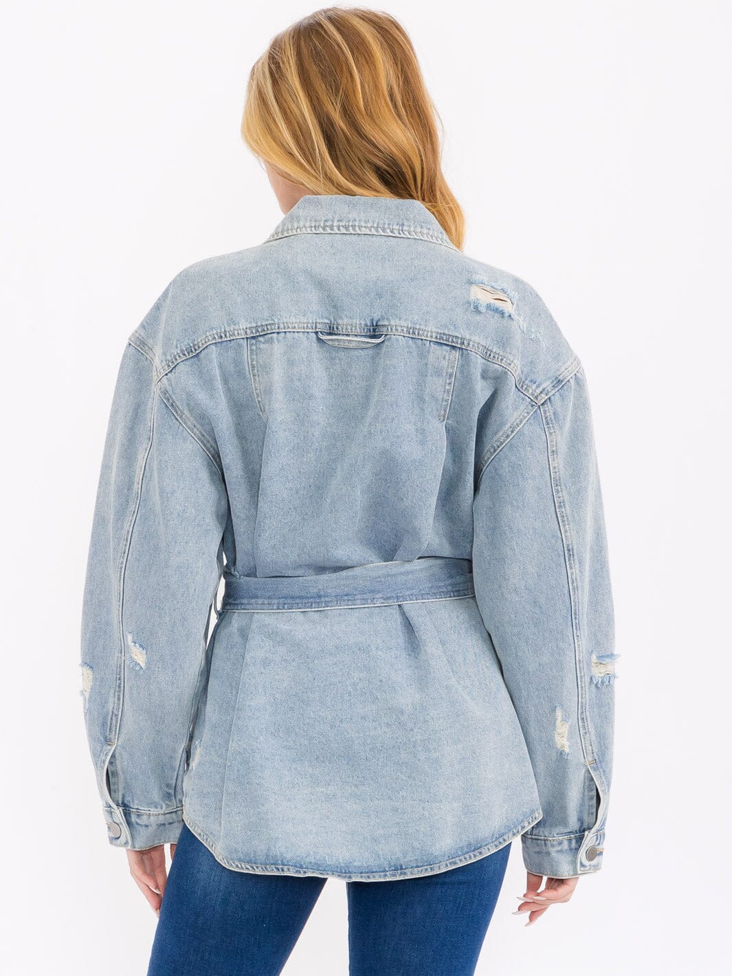 WOMEN'S LONG SLEEVE BUTTON CLOSURE SELF TIE DENIM JACKET