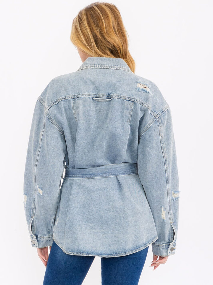WOMEN'S LONG SLEEVE BUTTON CLOSURE SELF TIE DENIM JACKET