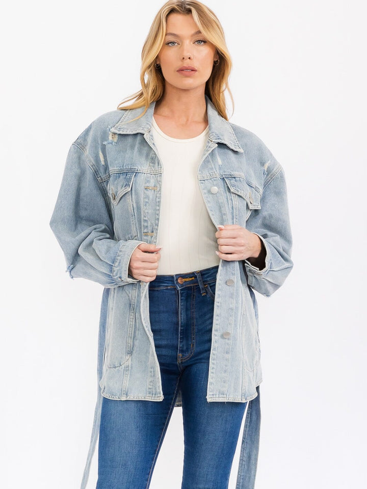 WOMEN'S LONG SLEEVE BUTTON CLOSURE SELF TIE DENIM JACKET