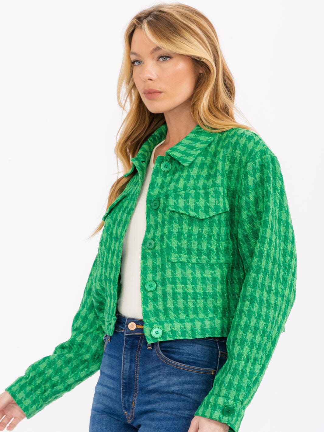 WOMEN'S LONG SLEEVE BUTTON CLOSURE FRONT POCKETS CROP JACKET