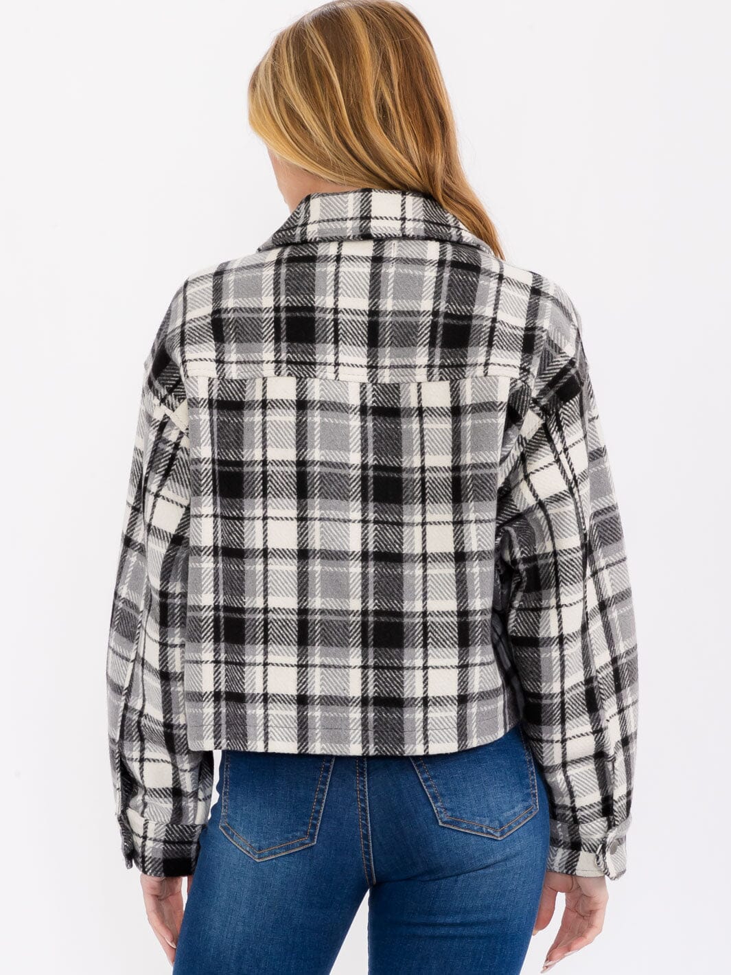 WOMEN'S LONG SLEEVE BUTTON CLOSURE FRONT POCKETS PLAID JACKET
