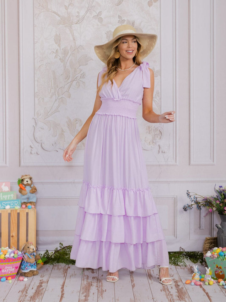 WOMEN'S SLEEVELESS SURPLICE SMOCK WAIST TIERED RUFFLE MAXI DRESS