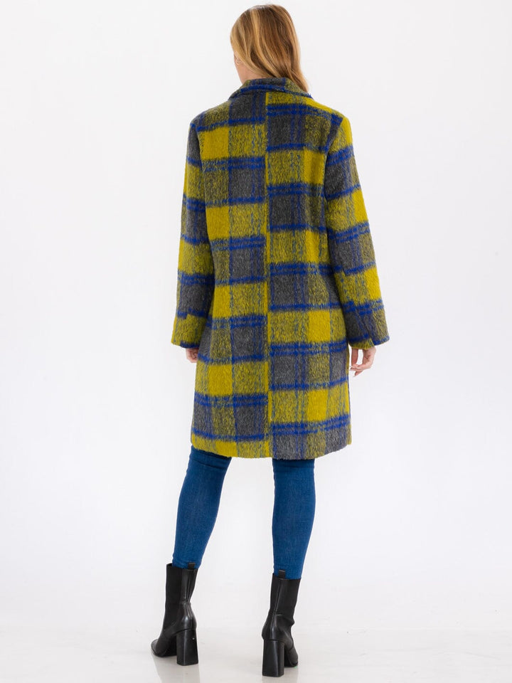 WOMEN'S LONG SLEEVE BUTTON CLOSURE FRONT POCKETS PLAID COAT