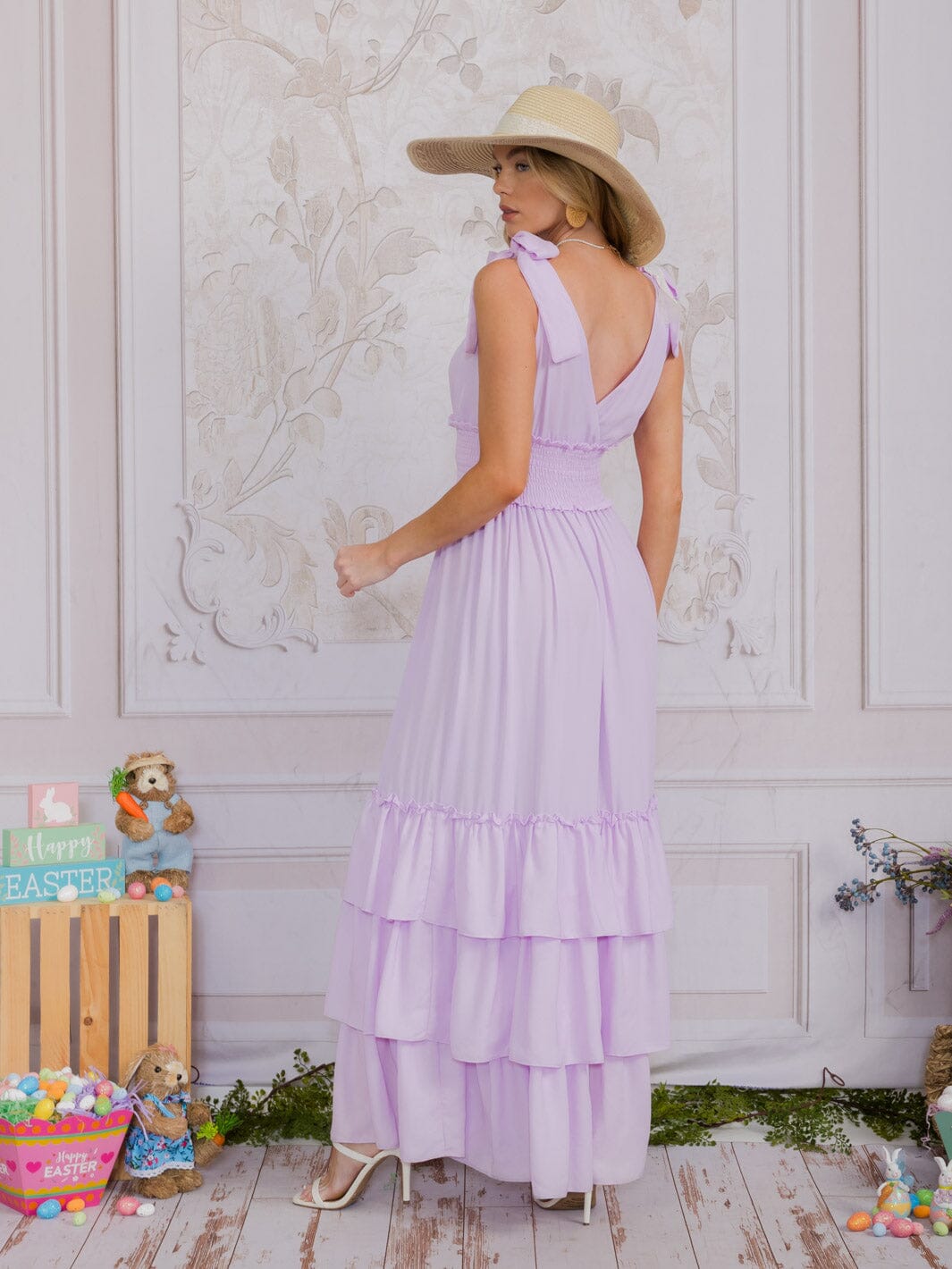 WOMEN'S SLEEVELESS SURPLICE SMOCK WAIST TIERED RUFFLE MAXI DRESS