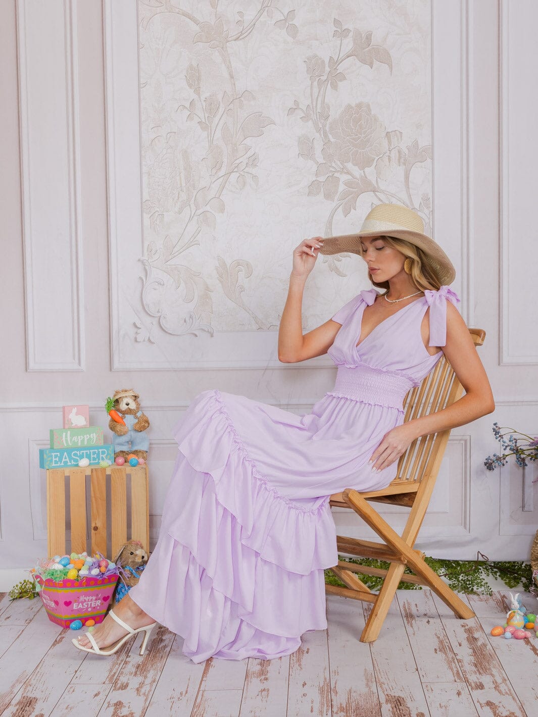 WOMEN'S SLEEVELESS SURPLICE SMOCK WAIST TIERED RUFFLE MAXI DRESS