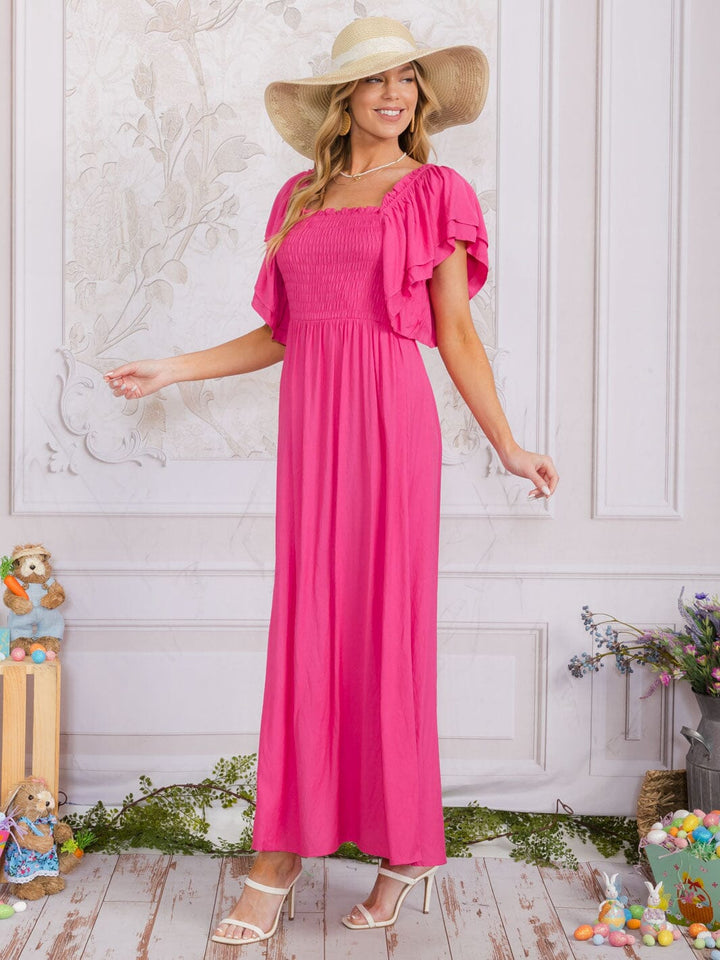 WOMEN'S SHORT SLEEVE SQUARE NECK SMOCK TIERED MAXI DRESS
