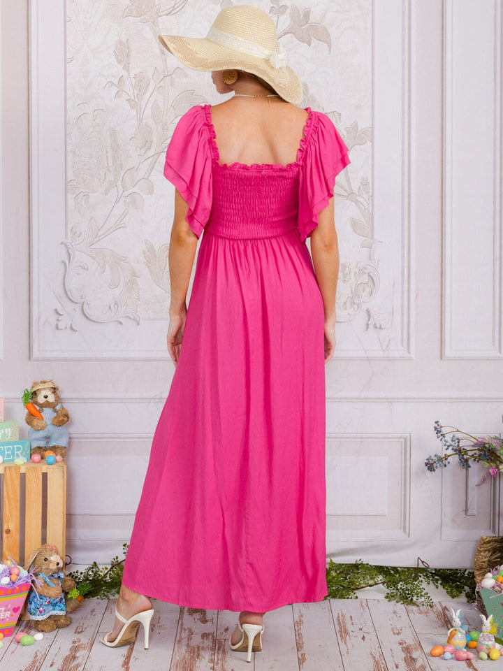 WOMEN'S SHORT SLEEVE SQUARE NECK SMOCK TIERED MAXI DRESS