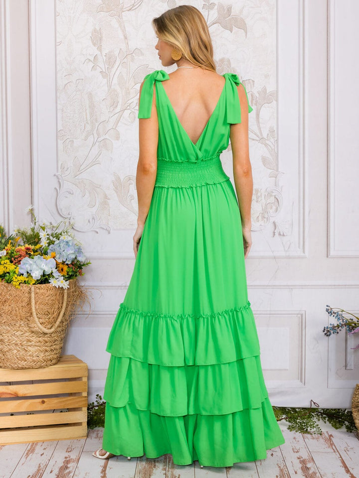 WOMEN'S SLEEVELESS SURPLICE SMOCK WAIST TIERED RUFFLE MAXI DRESS