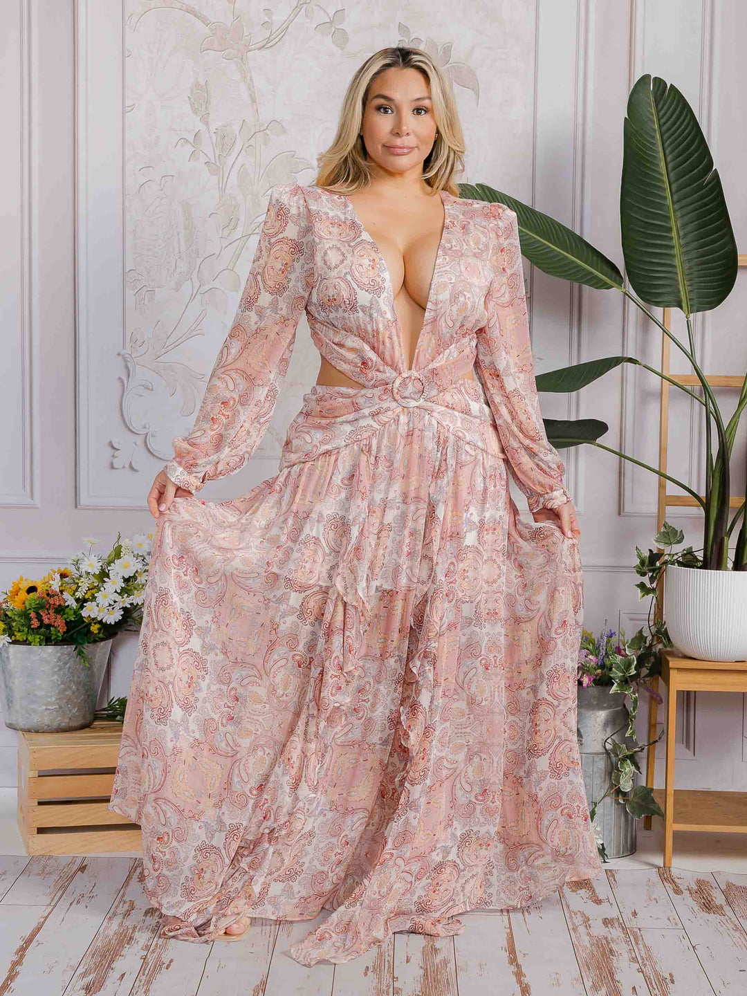 PLUS SIZE LONG SLEEVE V-NECK OPEN BACK MULTI PRINT MAXI DRESS