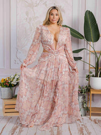 PLUS SIZE LONG SLEEVE V-NECK OPEN BACK MULTI PRINT MAXI DRESS