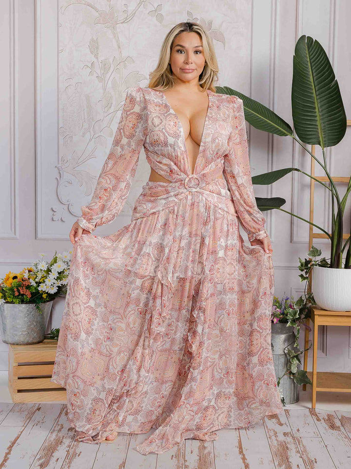 PLUS SIZE LONG SLEEVE V-NECK OPEN BACK MULTI PRINT MAXI DRESS