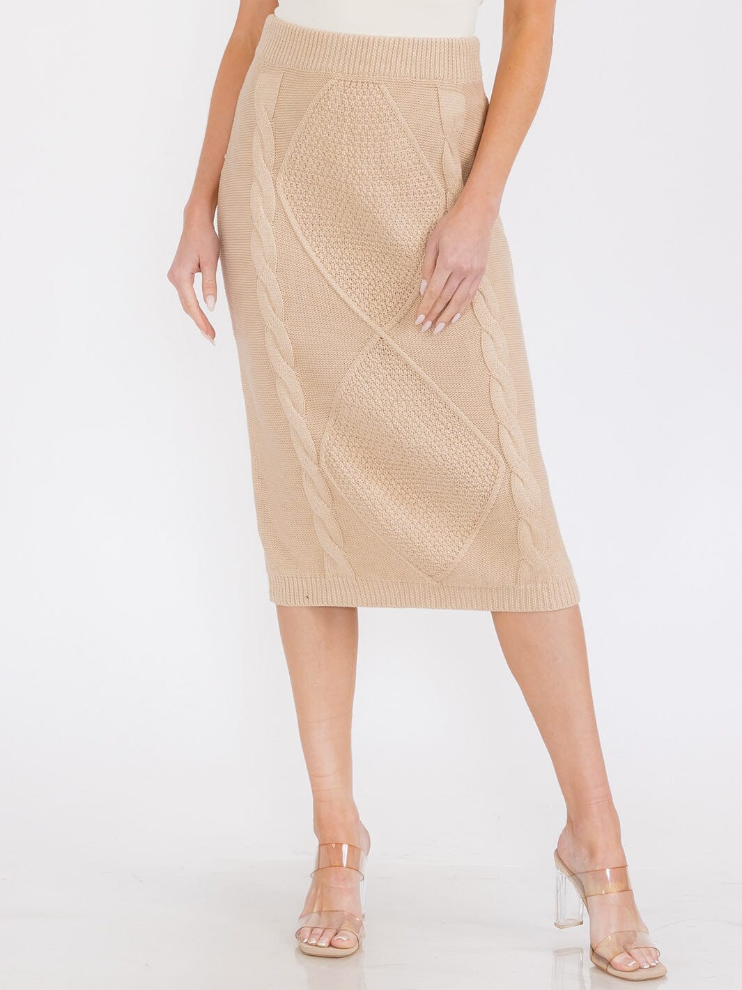 WOMEN'S ELASTIC WAIST KNIT DETAILED PENCIL MIDI SKIRT